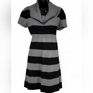 Cozy Striped Knit Sweater Dress – Black & Gray